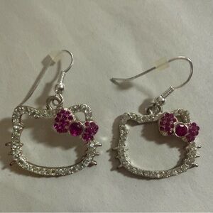 Y2K Hello Kitty Dangle French Wire Rhinestone Earrings, McBling Head,Pink,Clear